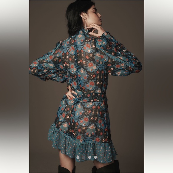 🎊LAST ONE🎊Anthropologie NWT Farm Rio Arabesque Floral  High-Neck Mini Dress S. - Picture 4 of 13